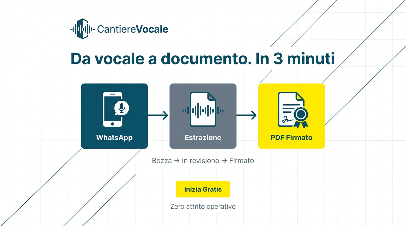 Esempio di conversazione WhatsApp con CantiereVocale: il capomastro invia un vocale, il bot estrae automaticamente i dati (lavori, persone, meteo) e chiede conferma prima di generare il PDF
